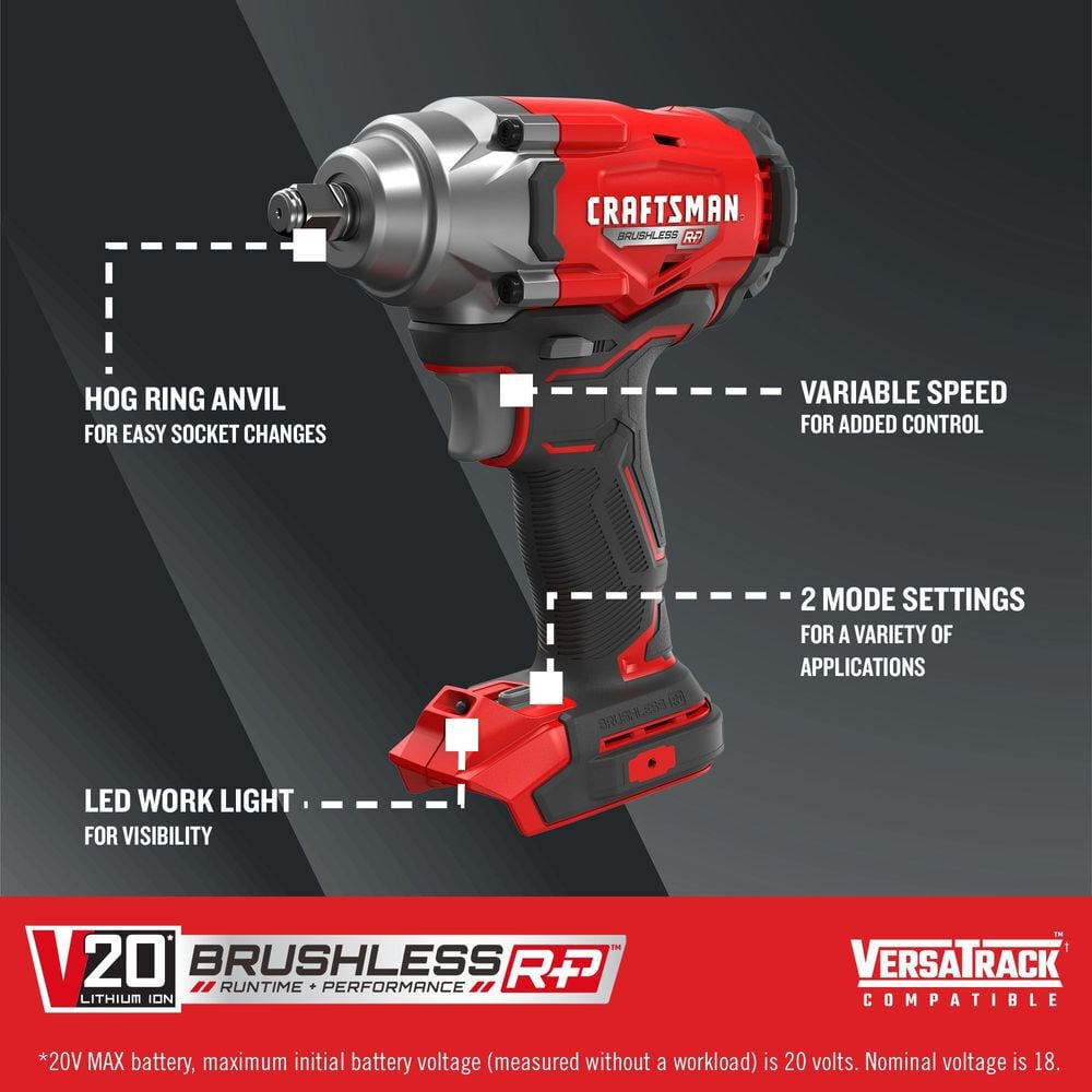 CRAFTSMAN V20 RP Cordless 1/2 Inch Impact Wrench (Bare Tool), large image number 2