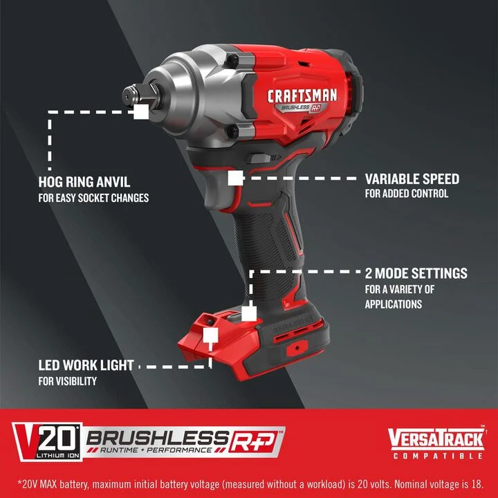 CRAFTSMAN V20 RP Cordless 1/2 Inch Impact Wrench (Bare Tool), large image number 1