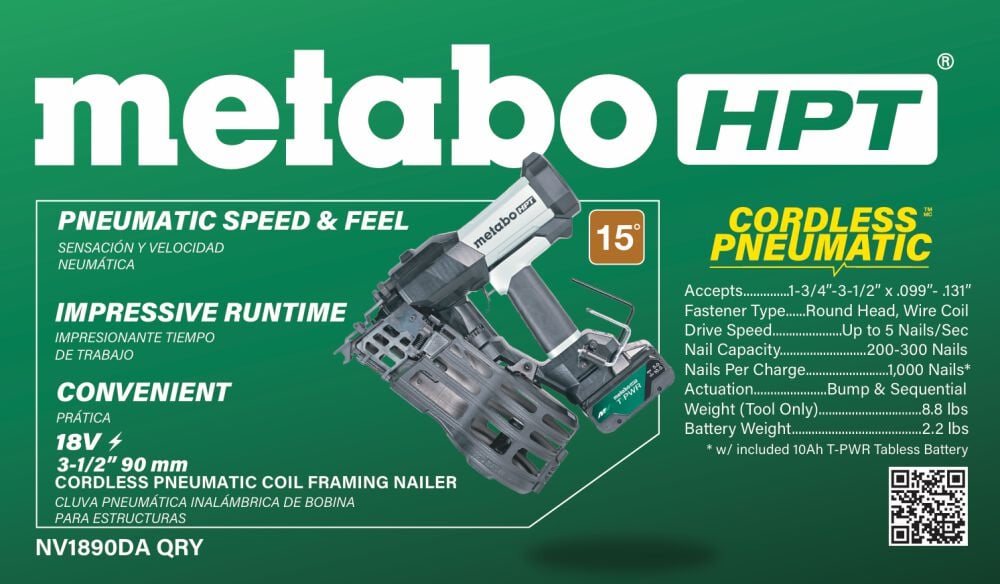 Metabo HPT Cordless Pneumatic 18V 15 Degree Coil Wire Collated Framing Nailer Kit, large image number 2