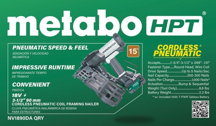 Metabo HPT Cordless Pneumatic 18V 15 Degree Coil Wire Collated Framing Nailer Kit, large image number 1