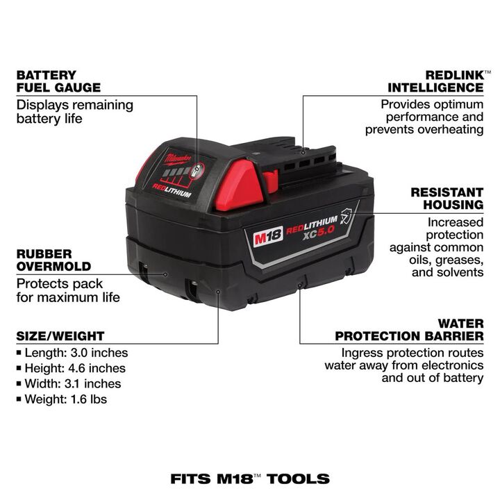 Milwaukee M18 REDLITHIUM XC 18V 5Ah Lithium Ion Power Tool Battery Pack with Fuel Indicator, large image number 4