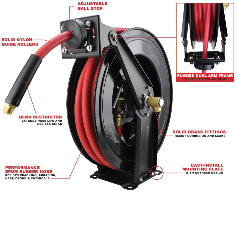 Milton 2760-50D - Steel Dual Arm Auto-Retractable Air Hose Reel 3/8in x 50 ft. Rubber Hose - 300 Max PSI, large image number 4