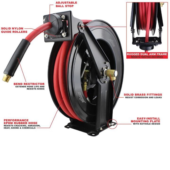 Milton 2760-50D - Steel Dual Arm Auto-Retractable Air Hose Reel 3/8in x 50 ft. Rubber Hose - 300 Max PSI, large image number 3