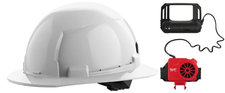 Milwaukee BOLT White Full Brim Hard Hat with 4pt Ratcheting Suspension Type 1 Class E & USB Cooling Fan Bundle