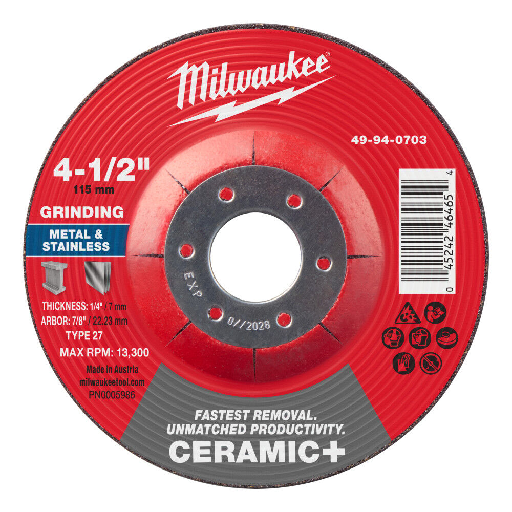 Milwaukee 4-1/2 Inch x 1/4 Inch x 7/8 Inch Ceramic+ Metal Grinding Wheel Type 27, large image number 1