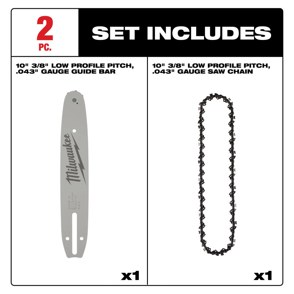 Milwaukee 10 Inch 3/8 Inch LOW PROFILE Pitch, .043 Inch Gauge Saw Chain and Guide Bar Set, large image number 2