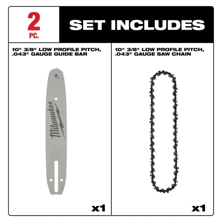 Milwaukee 10 Inch 3/8 Inch LOW PROFILE Pitch, .043 Inch Gauge Saw Chain and Guide Bar Set, large image number 1