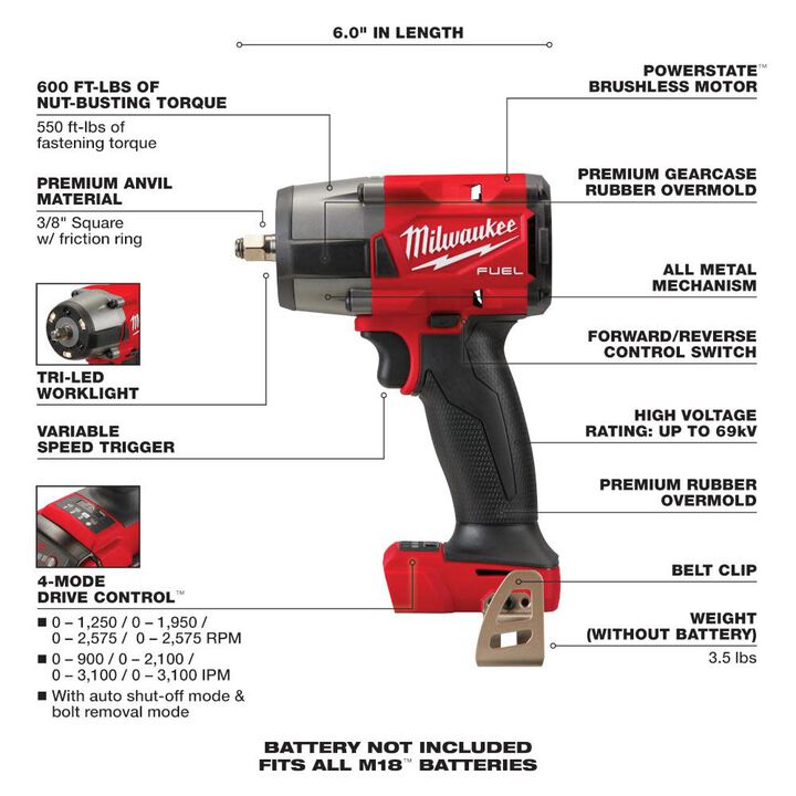 Milwaukee M18 FUEL 3/8 Impact Wrench with Friction Ring Reconditioned (Bare Tool), large image number 6