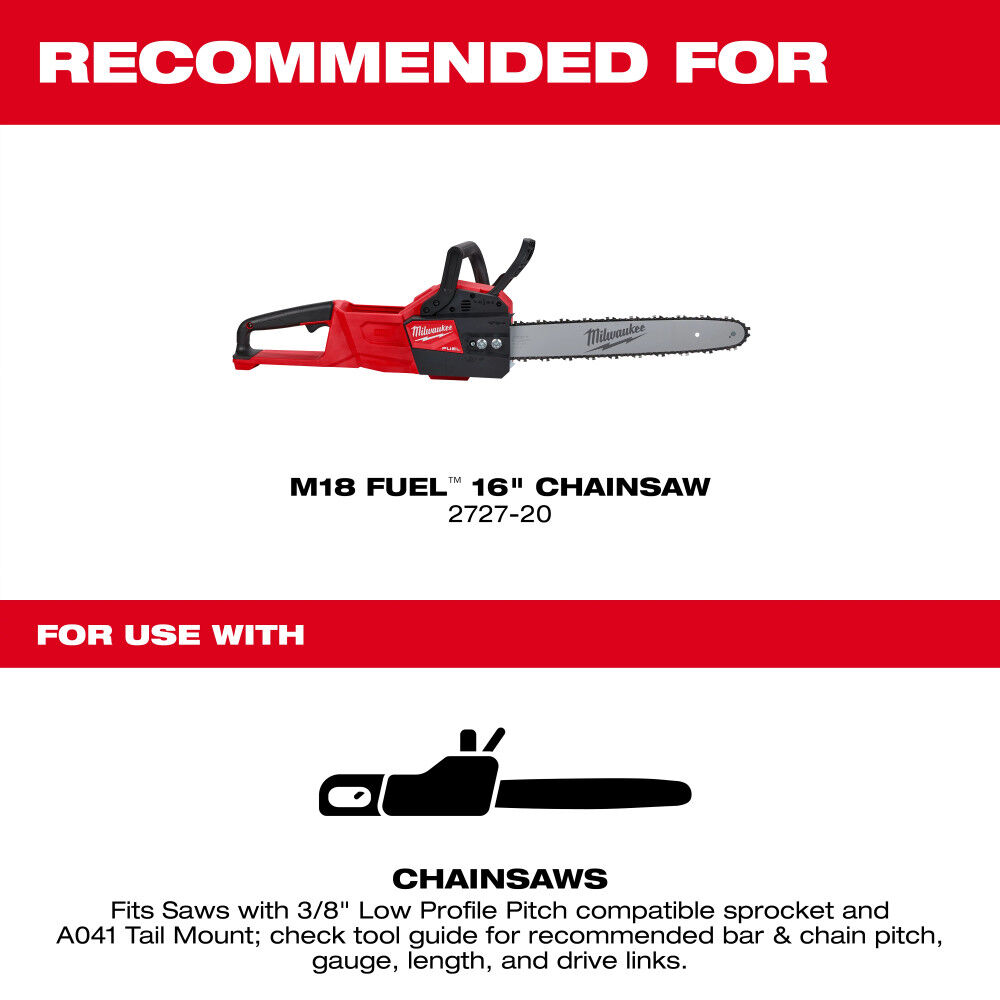 Milwaukee 16 Inch 3/8 Inch LOW PROFILE Pitch, .043 Inch Gauge Saw Chain and Guide Bar Set, large image number 3
