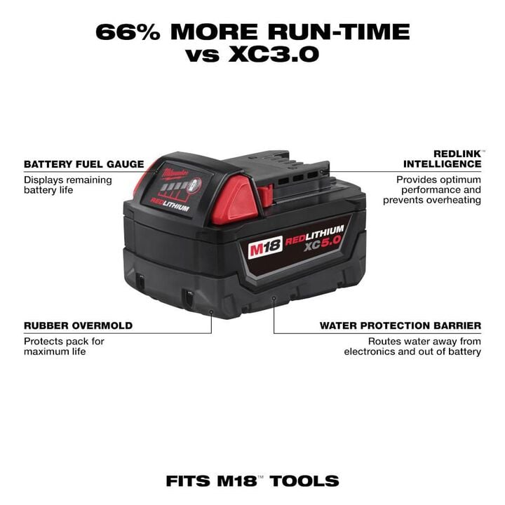 Milwaukee M18 REDLITHIUM XC 18V 5Ah Lithium Ion Power Tool Battery Pack with Fuel Indicator, large image number 1