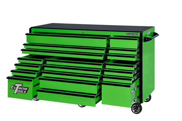 Extreme Tools RX Series 72 Inch W x 25 Inch D 19 Drawer Triple Bank Roller Cabinet 150 lbs Slides Green with Black Drawer Pulls, large image number 1