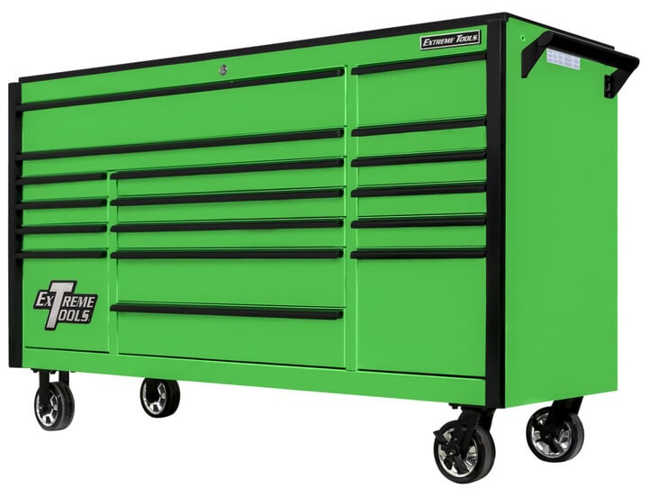 Extreme Tools DX Series 72 Inch W x 21 Inch D 17 Drawer Triple Bank Roller Cabinet 100 lbs Slides Green with Black Drawer Pulls, large image number 1