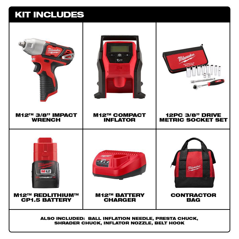 Milwaukee M12 3 8 in. Impact Wrench Kit with Inflator 2463 21RS