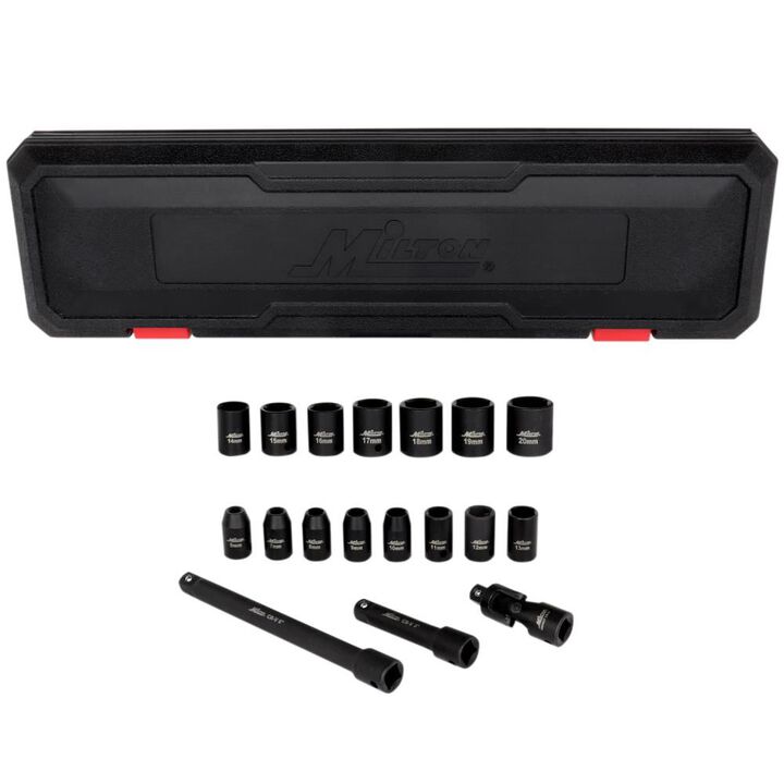 Milton 1/2 Drive Deep 6-Point Impact Socket Set 11-30mm Metric Steel Coated Black Oxide Finish 14pc