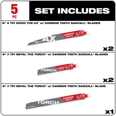Milwaukee 5pc Carbide Teeth SAWZALL Blade Set, large image number 1
