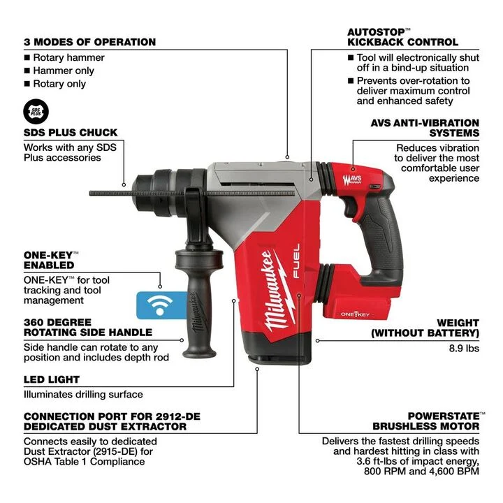Milwaukee M18 FUEL 1 1/8inch SDS Plus Rotary Hammer with ONE KEY (Bare Tool), large image number 6