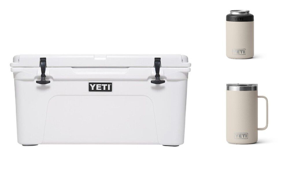YETI Tundra 65 Cooler White, 12oz Rambler Colster Can Cooler, Rambler 24oz Stackable Mug with Magslider Lid Cape Taupe Bundle - ATB000011481