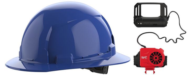 Milwaukee BOLT Blue Full Brim Hard Hat with 6pt Ratcheting Suspension Type 1 Class E & USB Cooling Fan Bundle