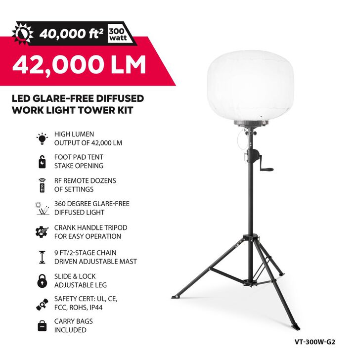 Volterrex 110/240V 300W 42000 Lumens LED Diffused Work Light Tower Kit, large image number 1
