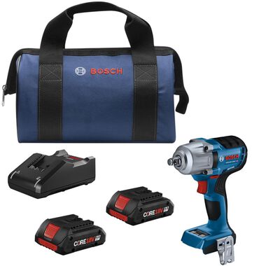 Bosch 18V 1/2in Mid Torque Impact Wrench Kit Connected Ready with Frictin Ring and Thru Hole and 2 CORE18V 4.0 Ah Compact Batteries