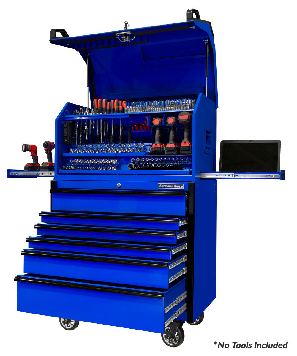 Extreme Tools PWS Series 41 Inch W x 24 Inch D Extreme Portable Workstation with 41 Inch W x 25 Inch D 6 Drawer Roller Cabinet Combo Gloss Blue with Black Drawer Pulls, large image number 1