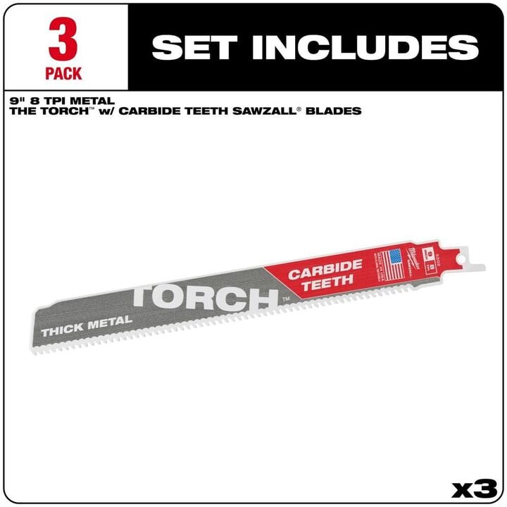 Milwaukee 9inch 8TPI The TORCH with Carbide Teeth SAWZALL Blade 3PK, large image number 1