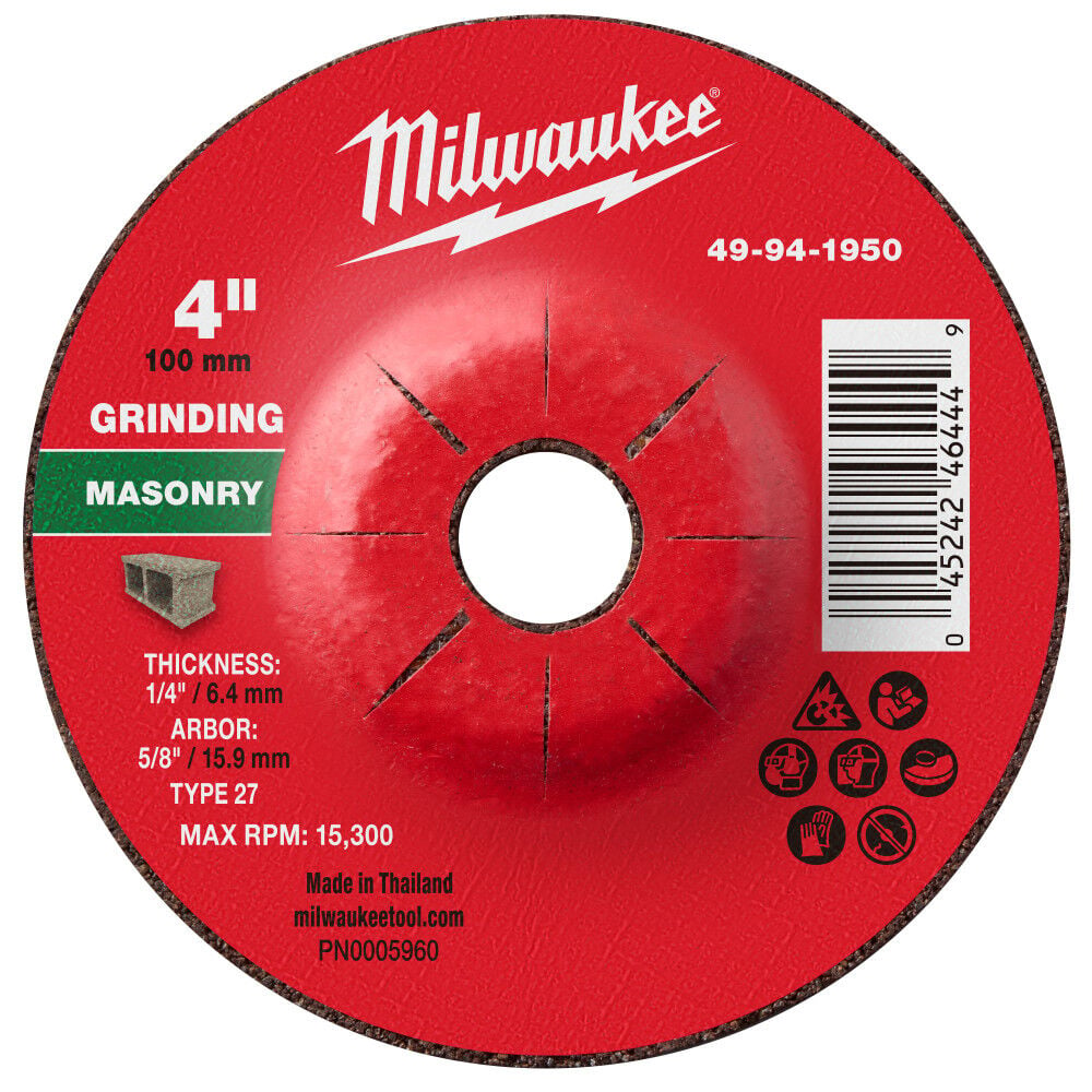 Milwaukee 4 Inch x 1/4 Inch x 5/8 Inch Masonry Grinding  Wheel Type 27, large image number 1