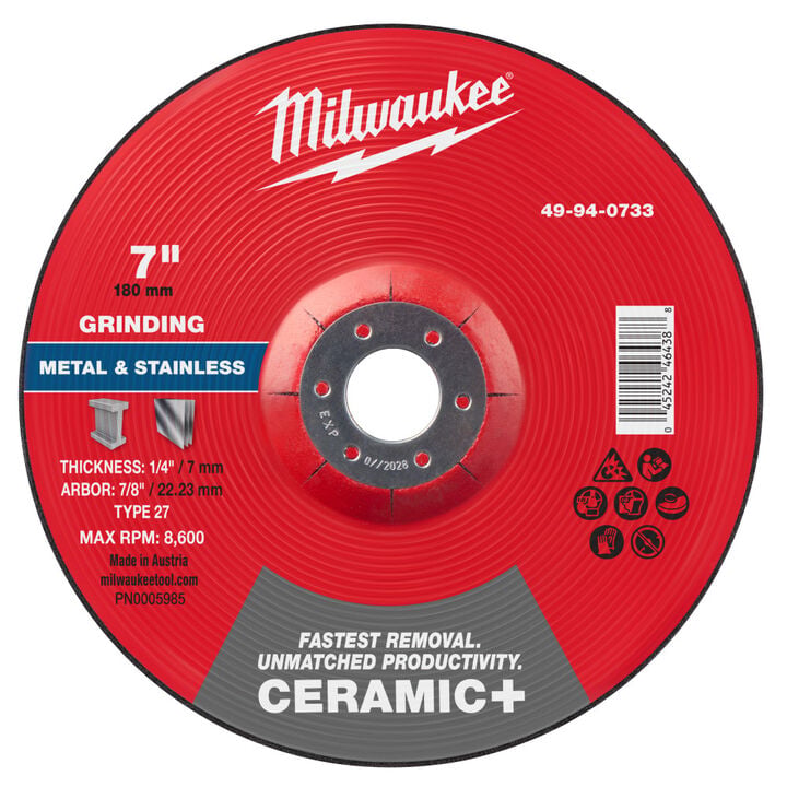 Milwaukee 7 Inch x 1/4 Inch x 7/8 Inch Ceramic+ Metal Grinding Wheel Type 27, large image number 0