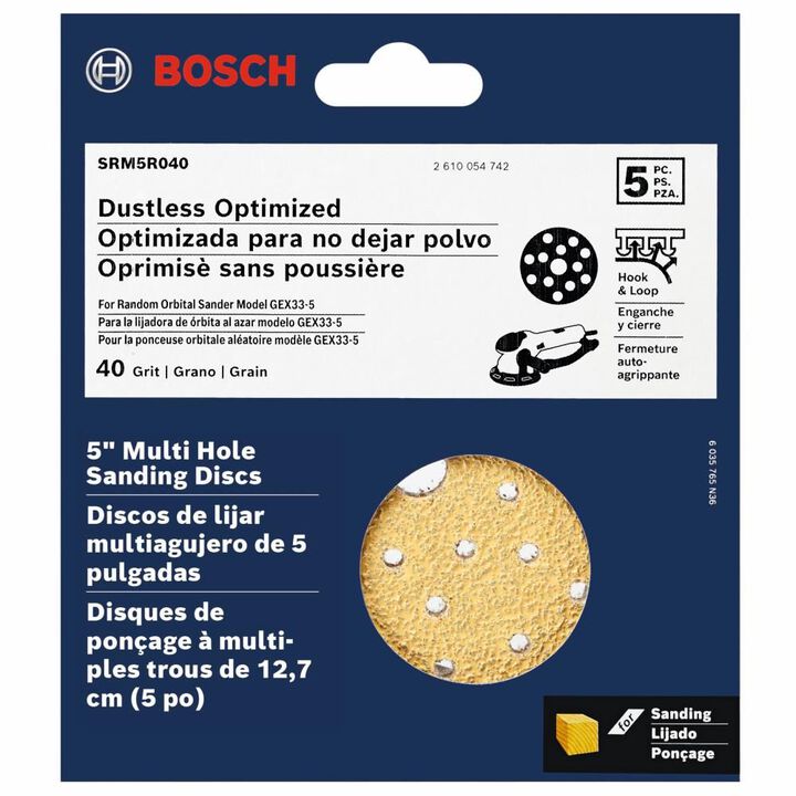 Bosch Multi Hole Hook and Loop Sanding Discs 40 Grit 5in 5pc, large image number 1