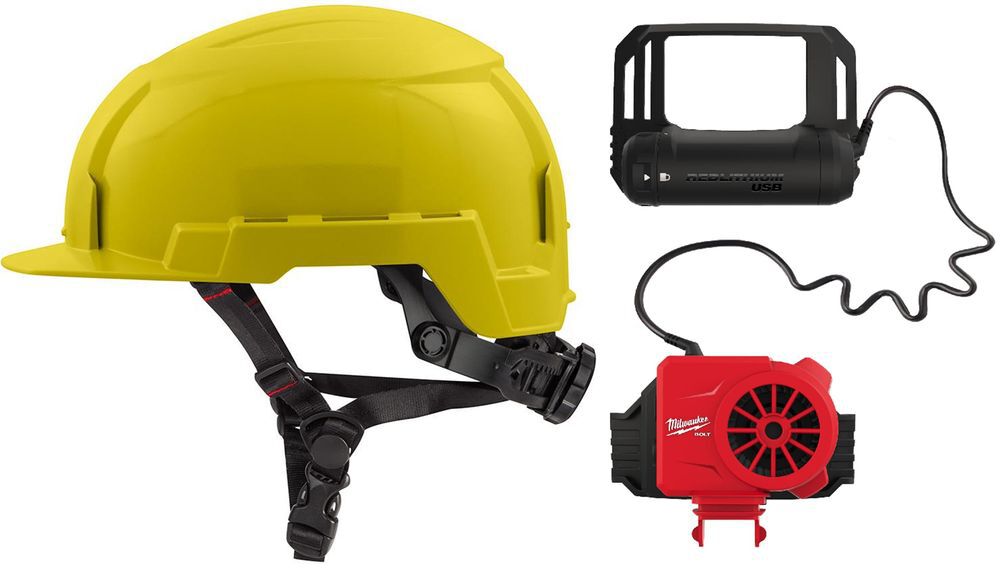 Milwaukee BOLT Yellow Front Brim Helmet Class E & USB Cooling Fan Bundle - MIL000011831