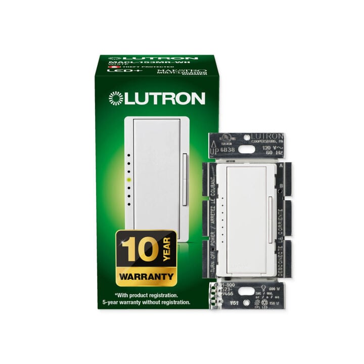 Lutron Maestro LED+ 120V 150W Gloss White Decorator/Rocker Dimmer Switch, large image number 1