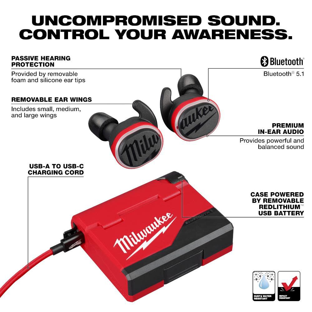 Milwaukee REDLITHIUM USB Bluetooth Jobsite Ear Buds & BEACON Hard Hat Light USB Rechargeable Bundle, large image number 3