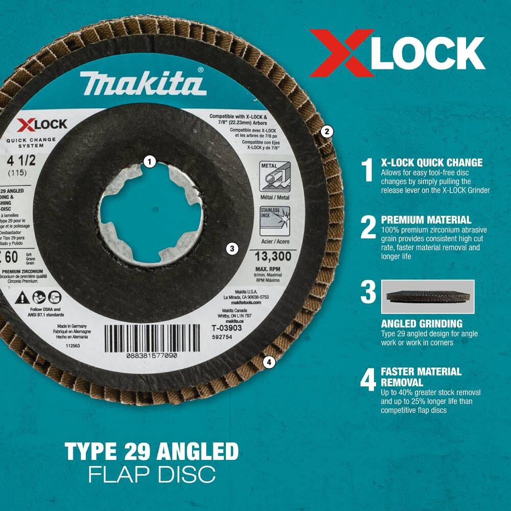Makita X-LOCK 41/2in 60 Grit Type 29 Angled Grinding and Polishing Flap Disc for X-LOCK and All 7/8in Arbor Grinders, large image number 2
