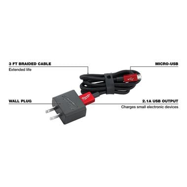 Milwaukee 3ft Micro-USB Cable and 2.1A Wall Charger, large image number 1