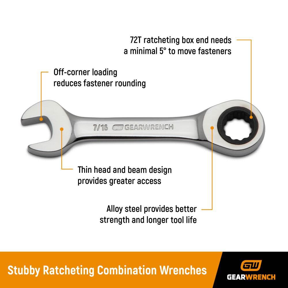 GEARWRENCH Ratcheting Wrench Set SAE Stubby Combination 7pc 9507D