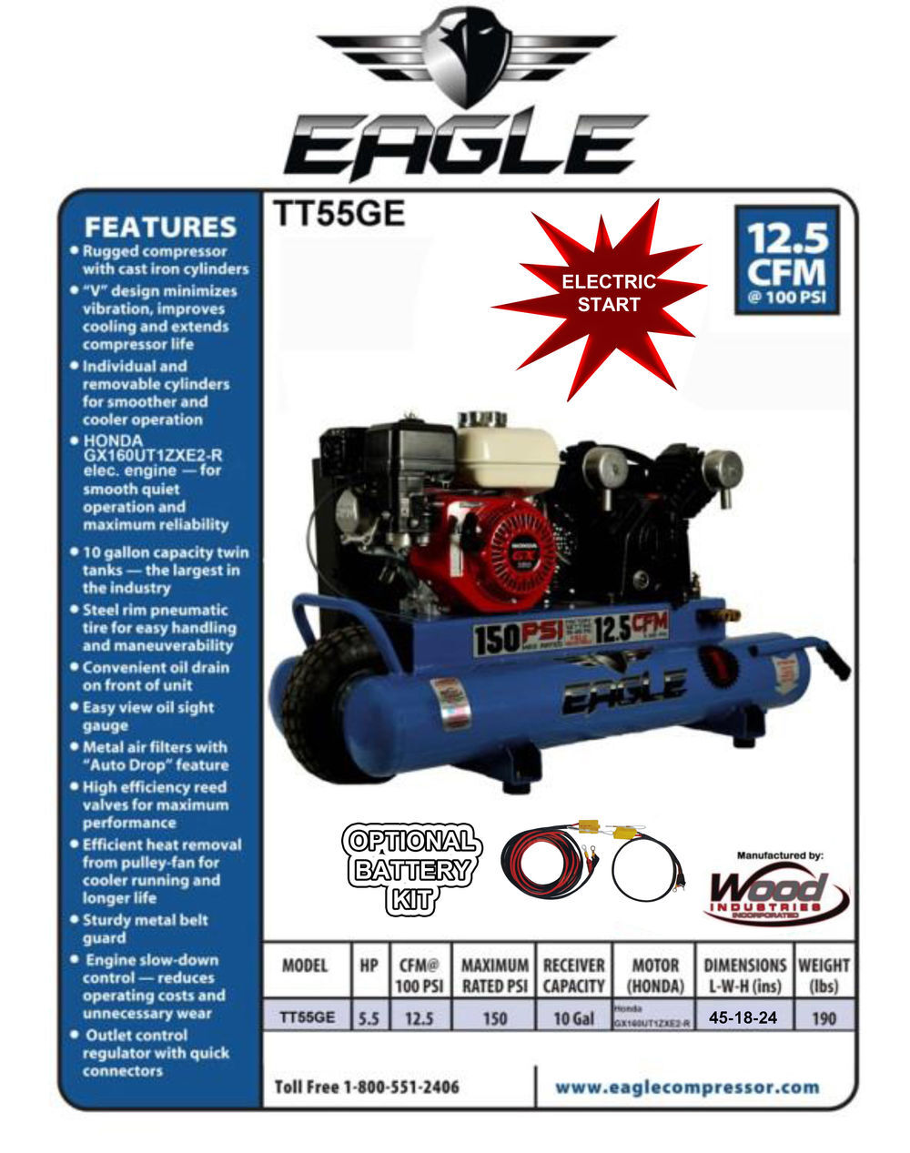 Eagle Compressor Portable Gas Wheel Barrow Air Compressor Electric Start 10 Gallon, large image number 3