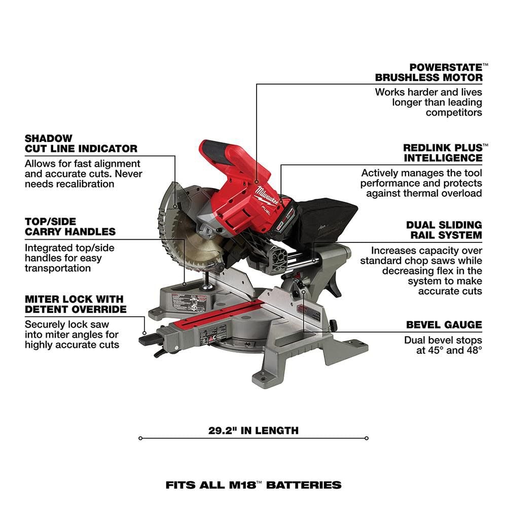 Milwaukee M18 FUEL 7-1/4 Inch Dual Bevel Sliding Compound Miter Saw Kit & Folding Miter Saw Stand Bundle, large image number 7