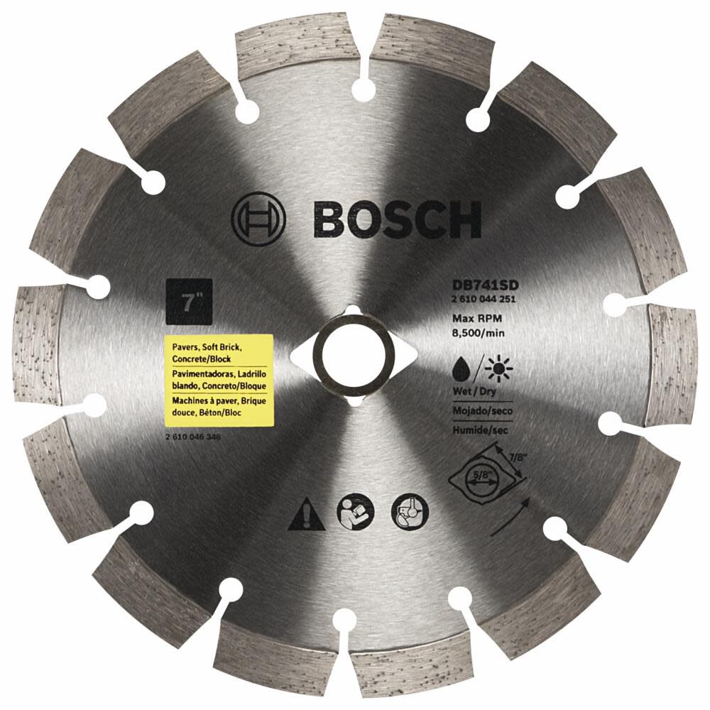 Bosch 7 Inch Standard Segmented Rim Diamond Blade for Universal Rough Cuts in Concrete, Pavers, and Soft Brick - DB741SD