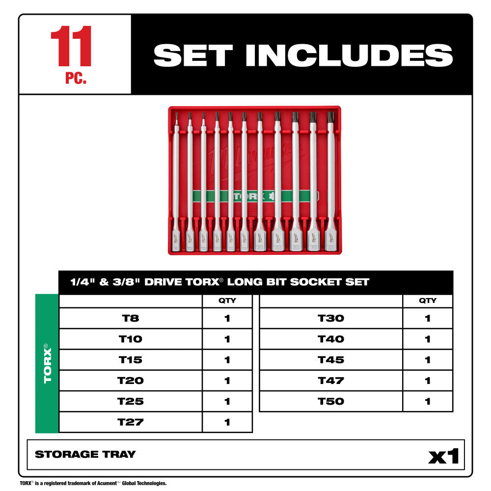 Milwaukee 1/4 Inch and 3/8 Inch Drive Long TORX Bit Socket Set 11 Pieces, large image number 2