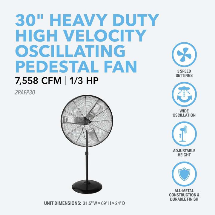 Perfect Aire 30 Inch 7558 CFM Heavy-Duty High Velocity Pedestal Fan with 3 Speed, large image number 1