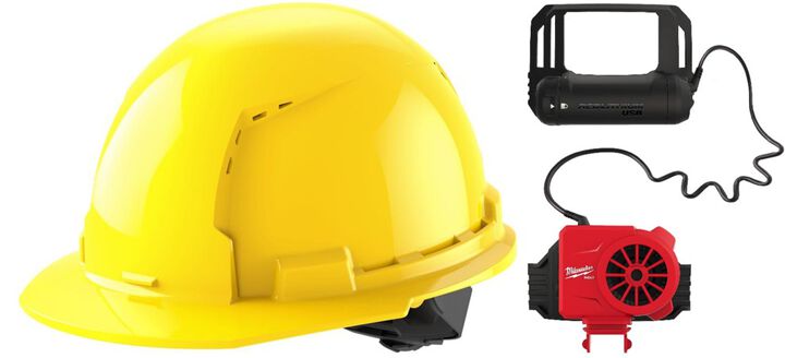 Milwaukee Yellow Front Brim Vented Hard Hat with 4pt Ratcheting Suspension Type 1 Class C & BOLT Cooling Fan Bundle