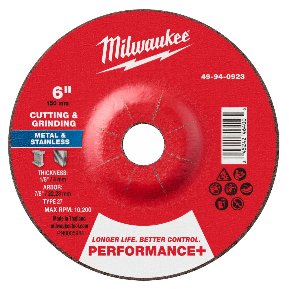 Milwaukee 6 Inch x 1/8 Inch x 7/8 Inch Performance+ Dual Metal Cut & Grind Wheel Type 27, large image number 1
