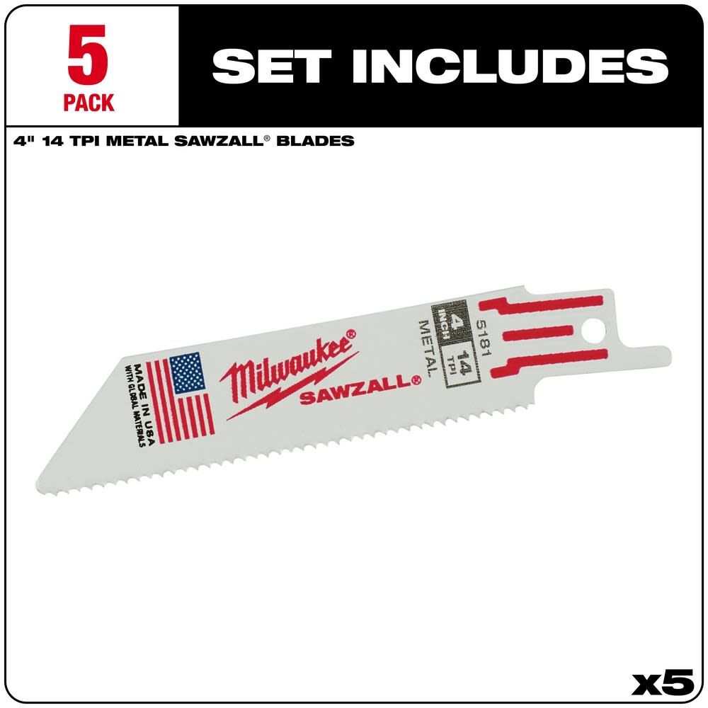 Milwaukee 4 in. 14 TPI Thin Kerf SAWZALL Blades 5PK, large image number 2