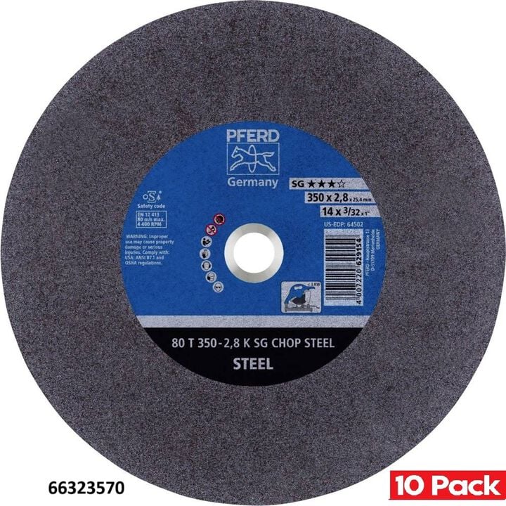 Pferd 14 Inch x 7/64 Inch x 1 Inch, SG CHOP STEEL, K, Aluminum Oxide Cut-Off Wheel Bundle, 10 Pieces, large image number 1