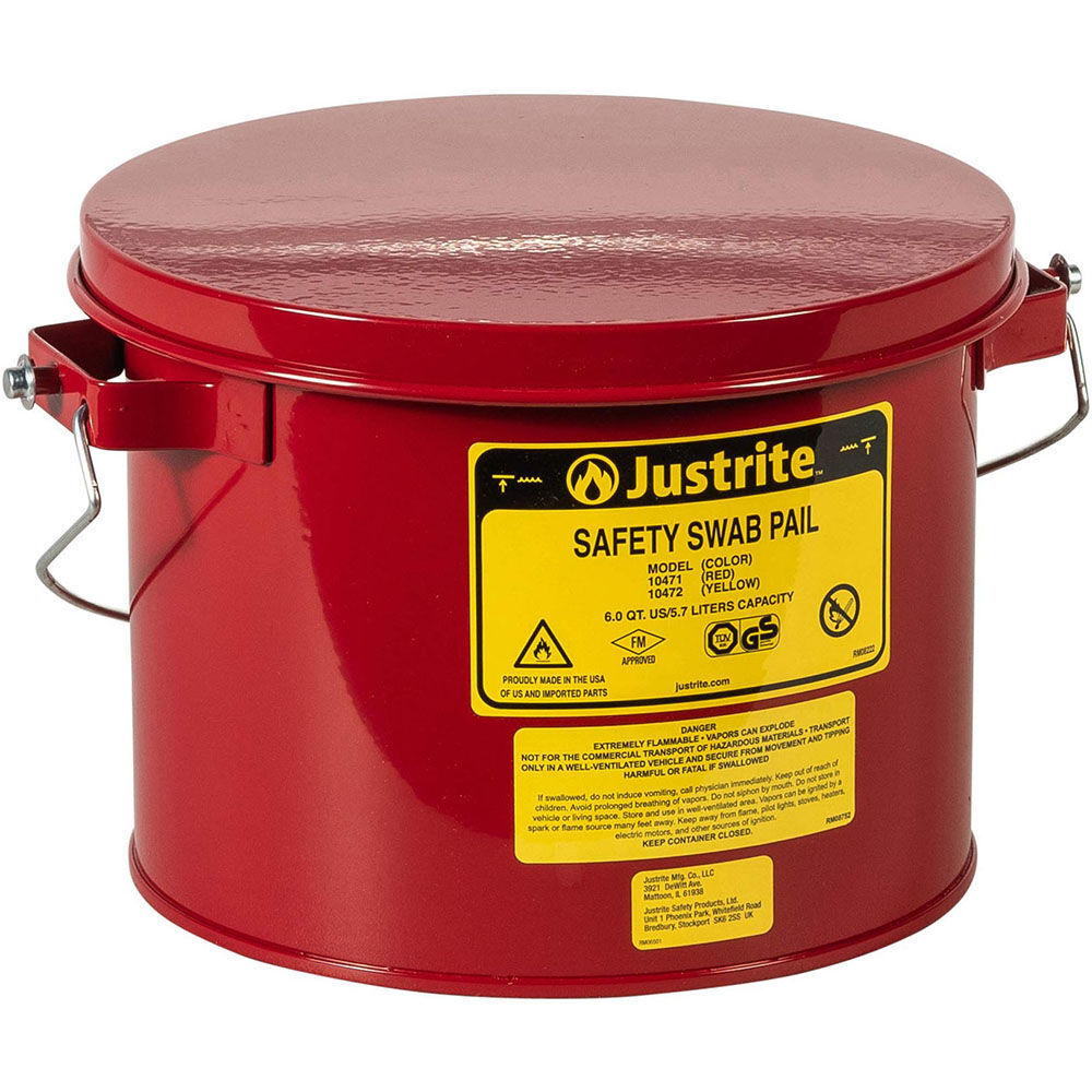 Justrite 6 Quart Red Steel Hinged Cover Swab Pail, large image number 1