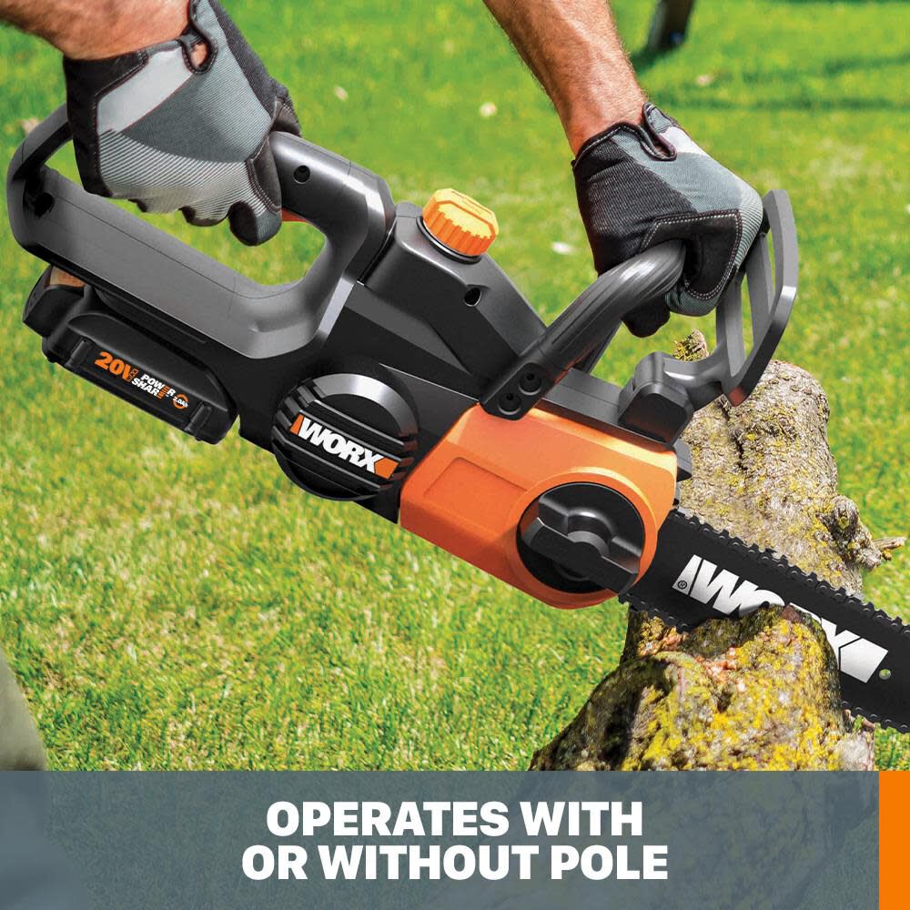 Worx POWER SHARE 20 Volt 10in. Cordless Pole Saw with 10 ft Extension and Detachable Chain Saw Battery and Charger Included WG323 Acme Tools