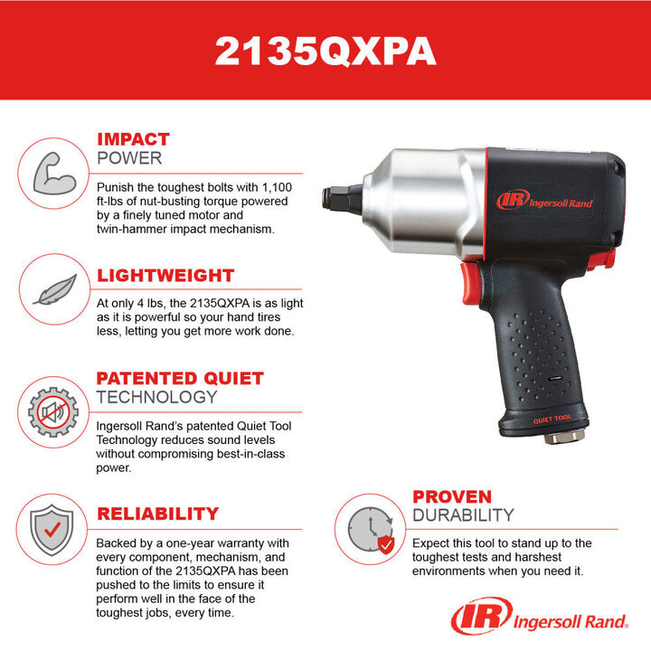 Ingersoll Rand 1/2 Inch Quiet Pistol Grip Air Impact Wrench 1100 Ft-Lb, large image number 4