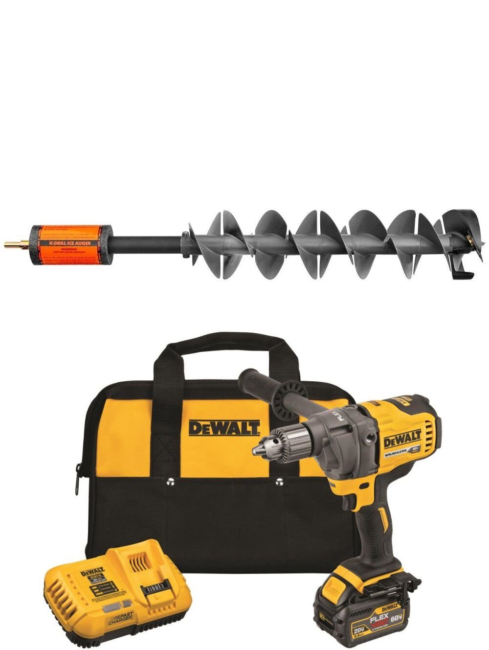 K-Drill 6in Ice Auger with DEWALT 60V Max Drill Kit Bundle – DCD130T1-IDRL60