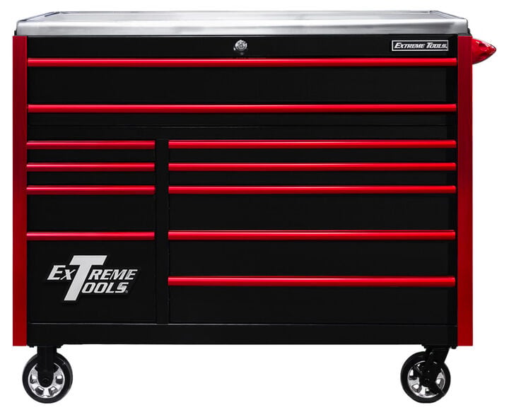 Extreme Tools EXQ Series 55 Inch W x 30 Inch D 11 Drawer Professional Roller Cabinet 300 lbs Slides Black with Red EX Quick Release Drawer Pulls and Trim, large image number 0
