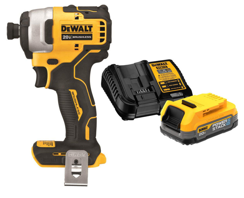 DEWALT Atomic Compact 1 4in Impact Driver with POWERSTACK 20V MAX Battery Charger Kit Bundle DCBP034C DCF809B Acme Tools